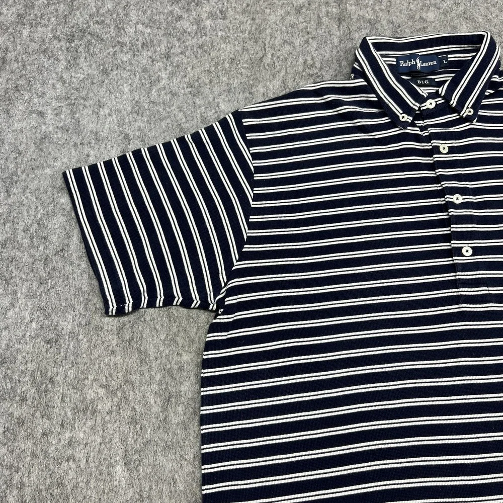 Vintage Polo Ralph‎ Lauren Polo Shirt Mens L Blue Big Stripe Button Down Pony